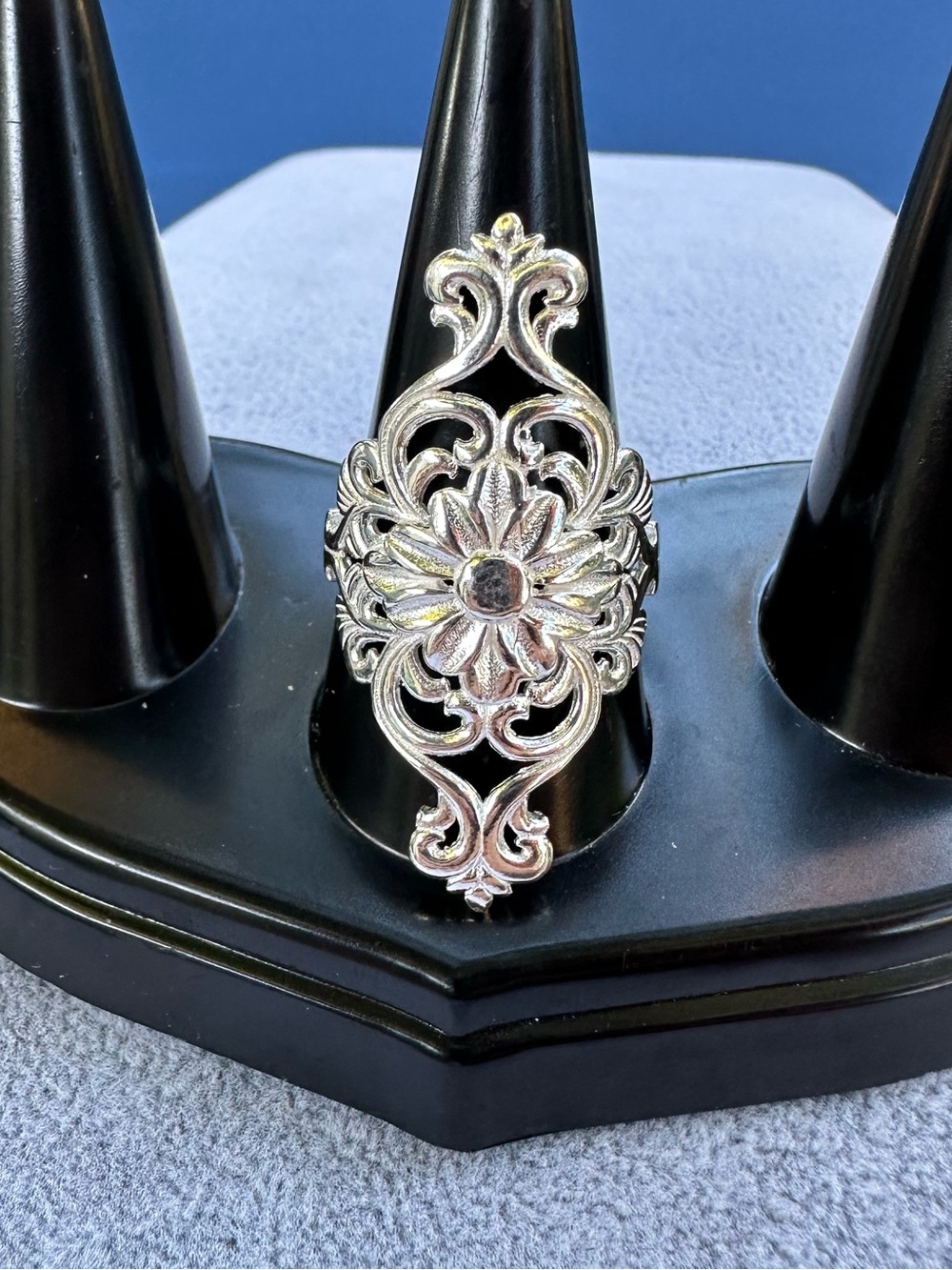 New 925 Italy Sterling Silver Filigree Floral Statement Ring - Women Size 8
